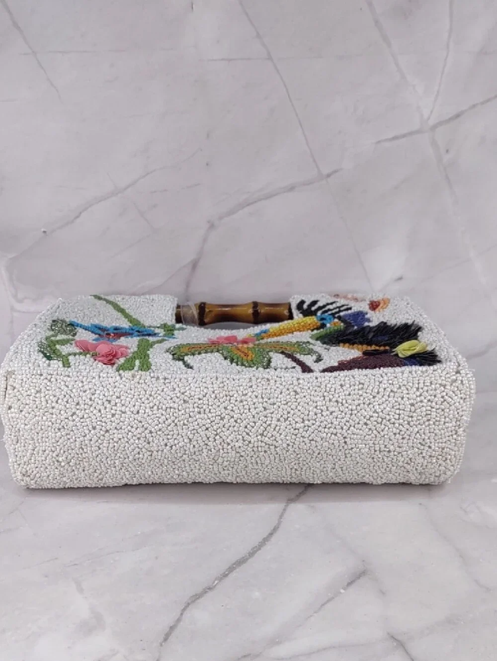 White Beaded Toucan Embellished Top-Handle Bag